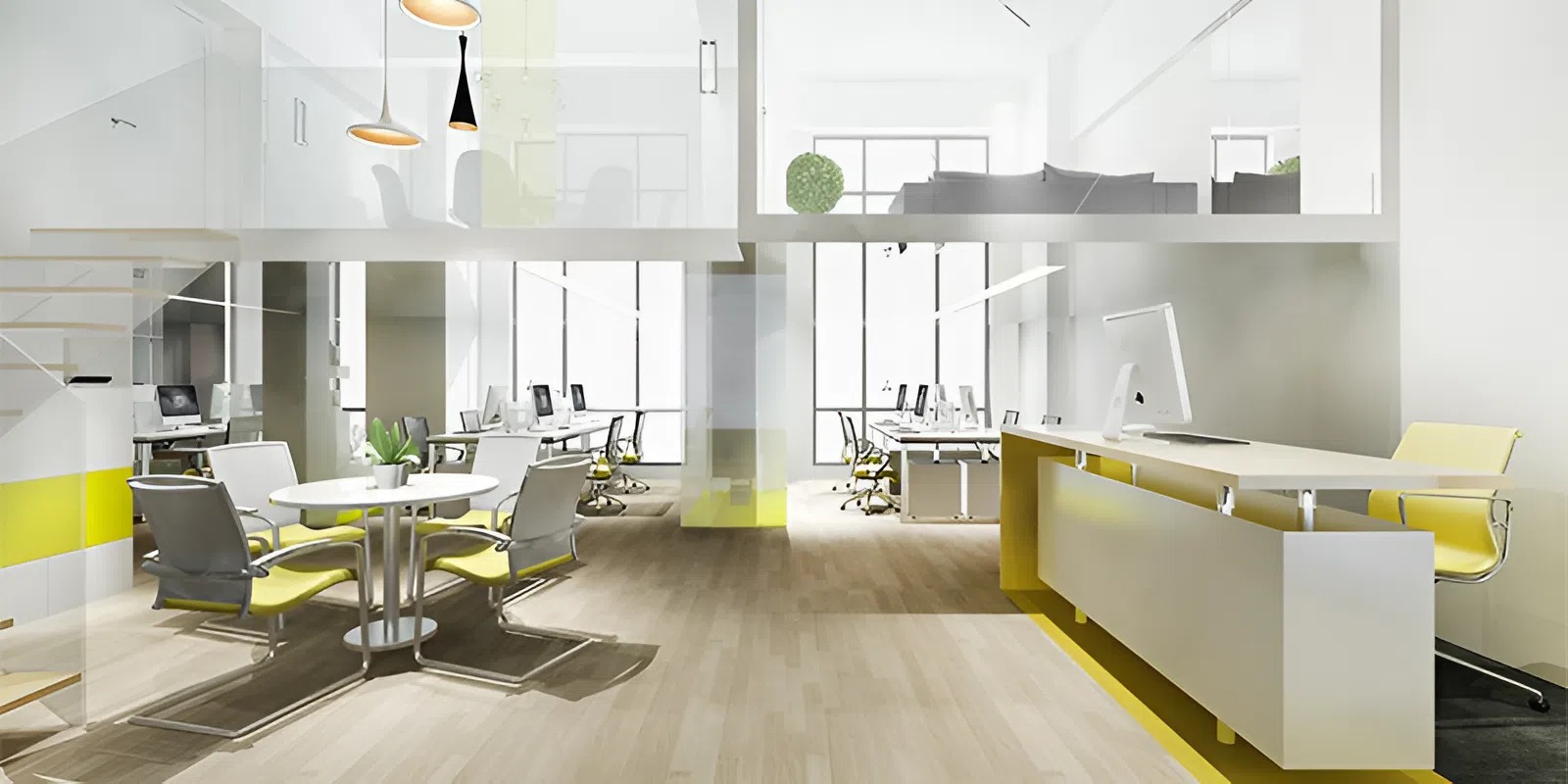 Modern office with neutral walls and yellow accent paint by a painter in Lawrence, KS