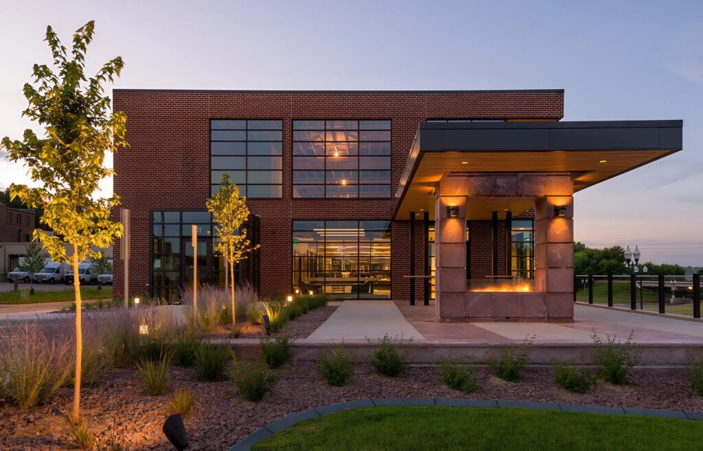 Commercial office exterior with clean painted brick façade, sharp trim lines by an exterior painter in Topeka, KS