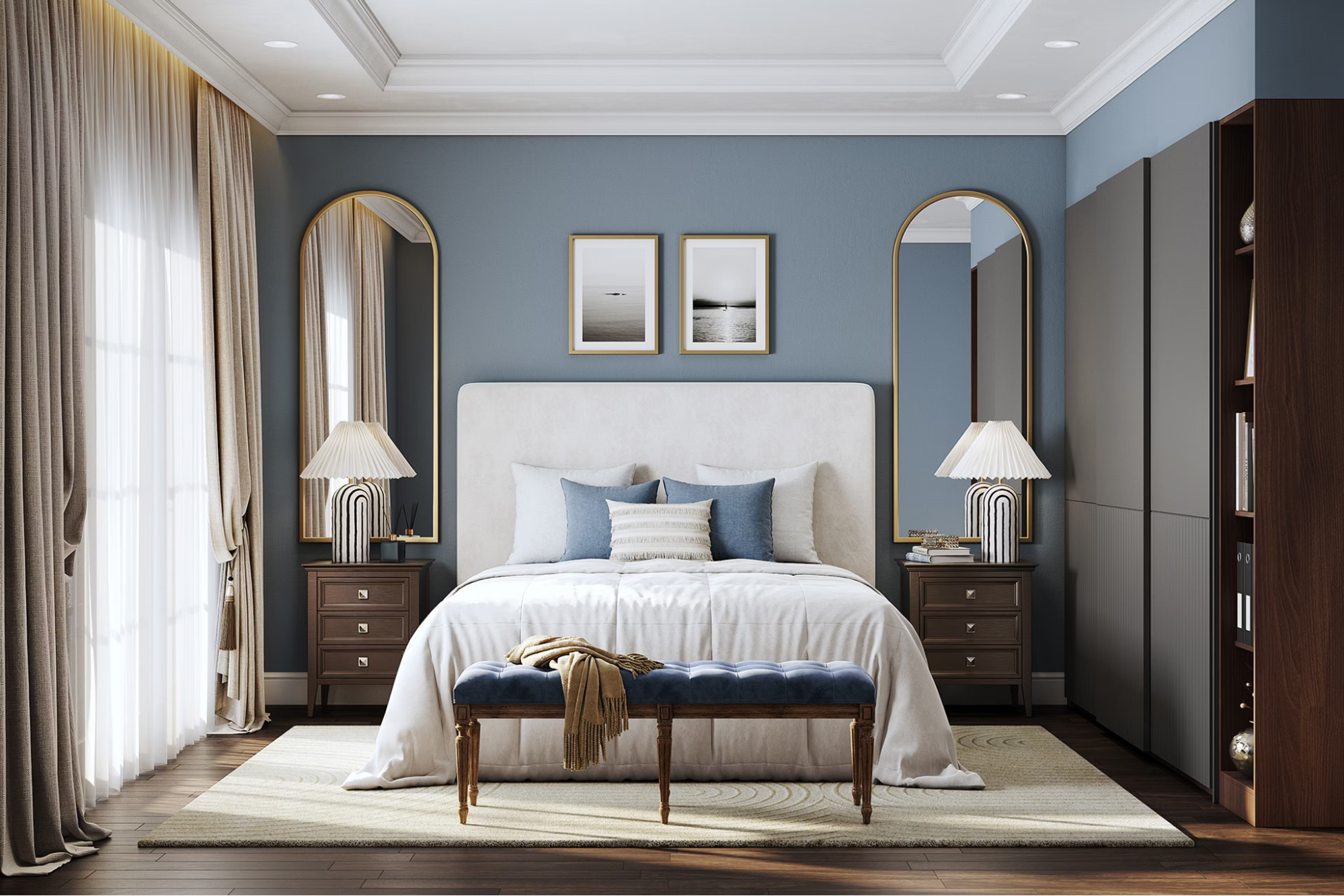 Soft blue-gray wall paired with white trim and clean finishings by an interior painter in Gardner, KS