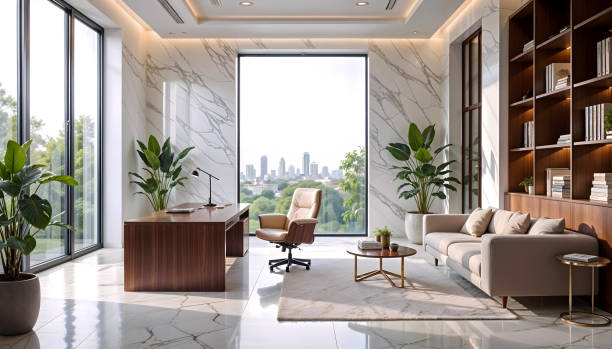 Office with elegant neutral tones and marble accent walls by a painting company in Fairway, KS.