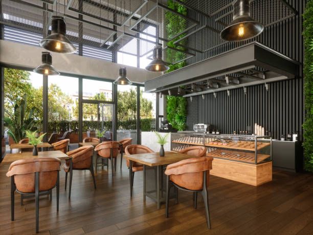 Modern café with painted accent walls and custom commercial paintwork by a painting company in Fairway, KS.